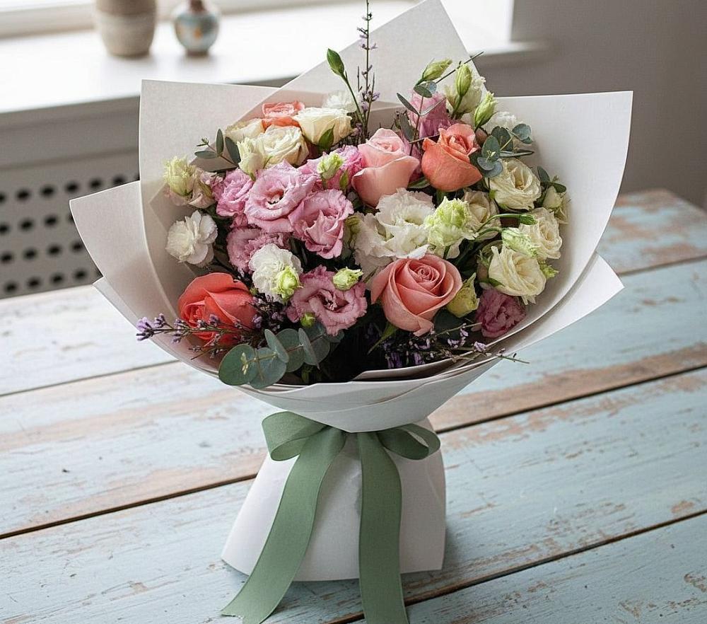 Букет цветов из: Розы, Лизиантусы и Гвоздики в Татарке