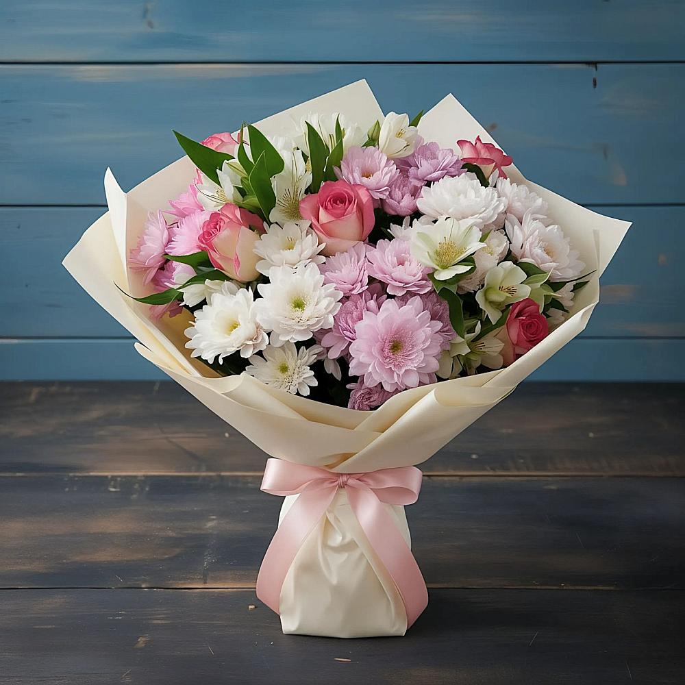 Букет цветов из: Хризантемы, Альстромерии и Розы в Татарке